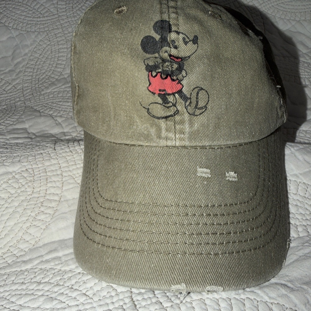 Disney Mickey Mouse Hat Strap Back Green Khaki Dad Cap Distressed 100% Cotton